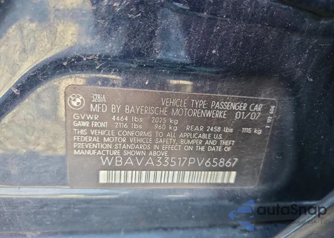 2007 BMW 328 I z USA, uszkodzony, nr VIN WBAVA33517PV65867